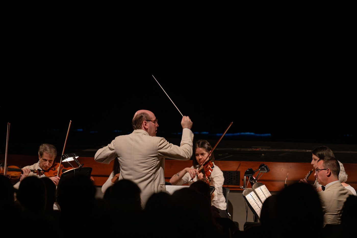 The orchestra and conductor in the pit